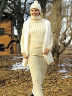 Väst, jumper, kjol och mössa