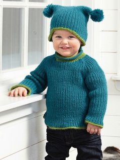 Resårstickad kofta och tröja och mössa