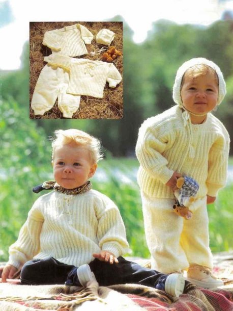 Jumper, kofta, byxor och mössa